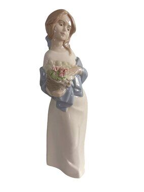 Vintage Nadal Spain Girl With Basket of Flowers Porcelain Figurine Blue Shawl